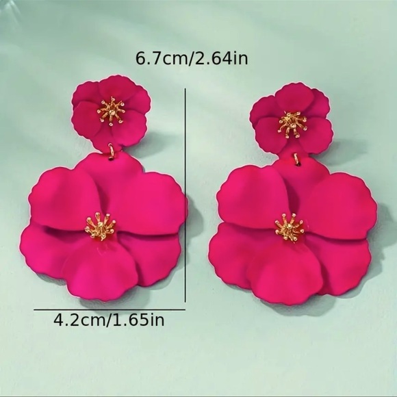 Rose Pinkish Red, Double Flower Dangle, Gold Center, Boho, Vacation Earrings - Picture 4 of 8